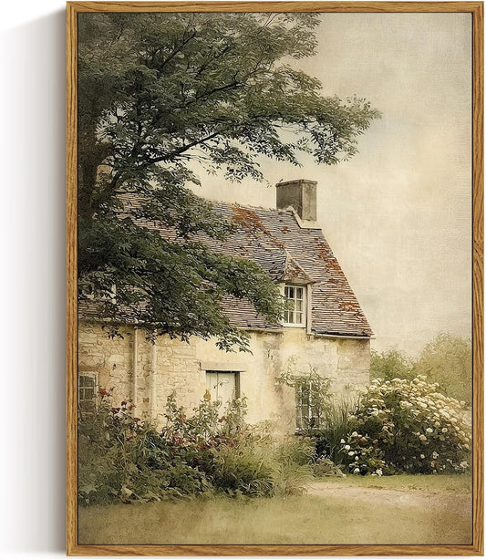 ARPEOTCY Vintage Framed Canvas Wall Art - Farmhouse Countryside Decor | 12x16 Inch Cottage Landscape Print