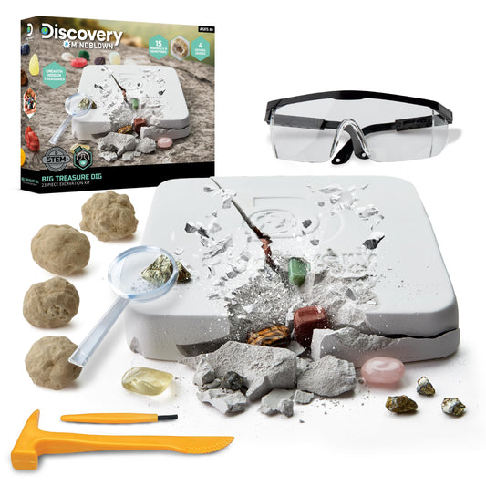 Discovery™ Big Treasure Dig STEM Kit – 23-Piece Excavation Set for Kids| Dig for 15 Gemstones, 4 Crystal Geodes & Pyrite Nuggets| Real Tools| Educational Geology Toy| Science Activity Gift| Ages 8+