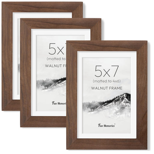 Fun Memories 5x7 Picture Frame, USA-Sourced Walnut Wood Photo Frames with HD Tempered Glass, 5 x 7 Wood Frame Matted to 4 x 6, 5 by 7 Frames for Wall & Tabletop Display, 3 Pack