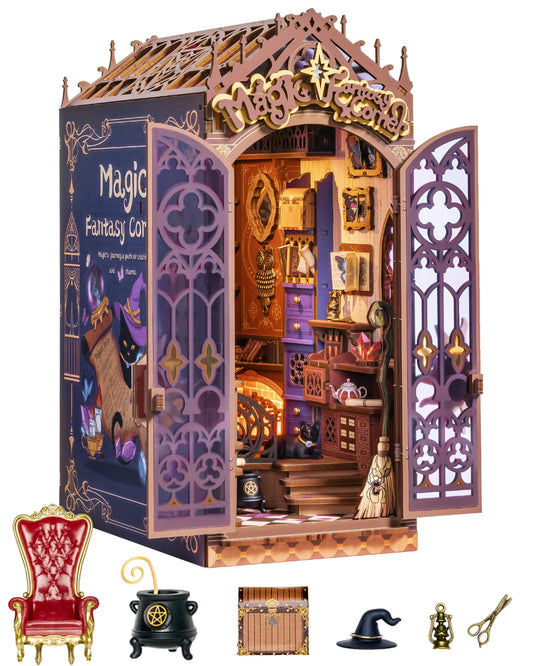 ROBOTIME Book Nook Kit, DIY Miniature House Kit, 3D Wooden Puzzle Bookends, Witch Study Room Bookshelf Decor, Creative Unique Gifts for Adults (Magic Fantasy Corner)