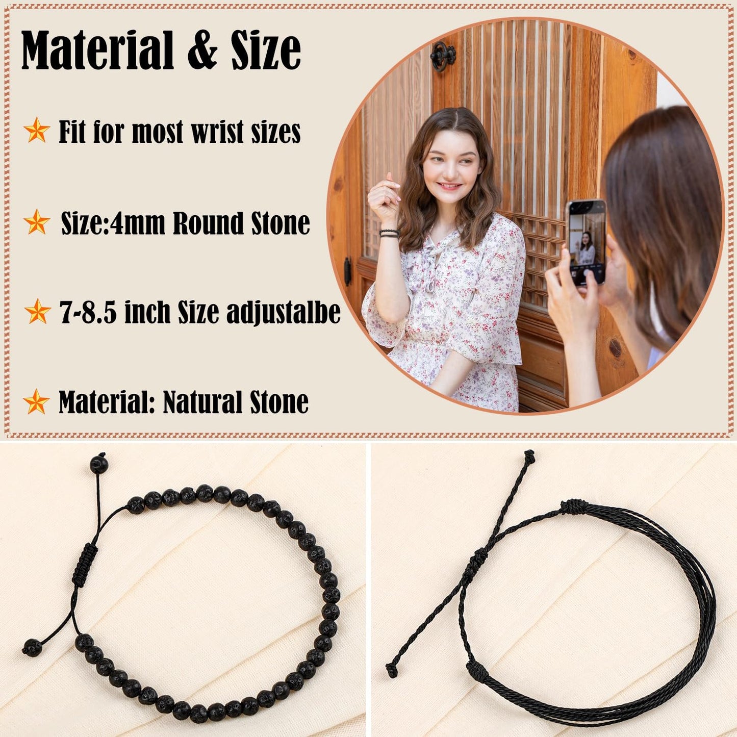 LPBeads 4mm Black Lava Bracelet with Handmade Rope Bracelet Size Adjustable Natural Stone Crystal Healing Bracelets Gifts for Unisex Adults