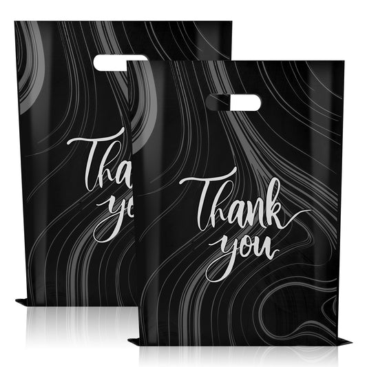100 Pack Black Thank You Bags, Plastic Bags with Handles, 12 X 15 Inches (2.36 Mil Thickness) for Small Business, Boutique, Retail, Packaging Supplies to Hold Clothes