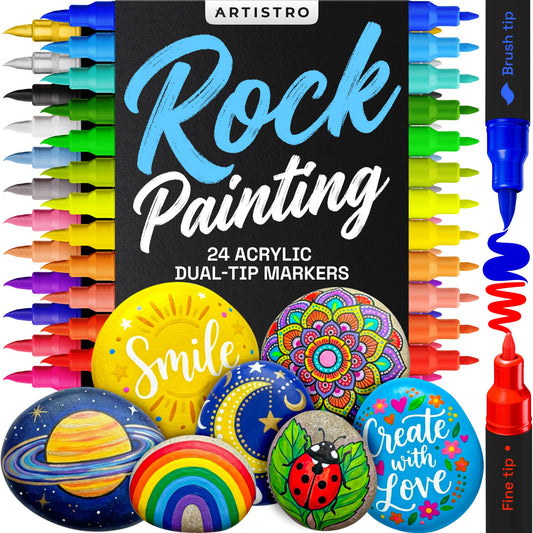 ARTISTRO 24 Rock Acrylic Paint Markers - Rock Painting Kit for Kids and Adults - Art & Craft Supplies - Paint Pens for River, Flat and Smooth Stones - Paint for Ceramic, Mugs and Pottery
