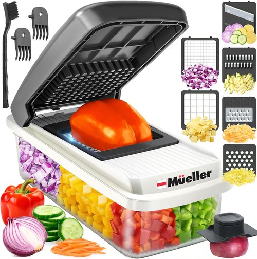 Mueller Vegetable Chopper - Versatile Mandoline Slicer & Dicer with Container | White Sand/Grey