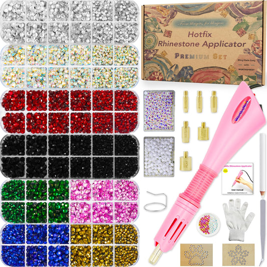 Worthofbest Hot Fix Rhinestone Applicator Tool Kit, 10000Pcs 3/4/5mm Glass Rhinestones & 5mm Hotfix Pearls, Rhinestone Setter with 6 Tips, Stand, Glove, Tray, Templates for Fabric Clothing DIY