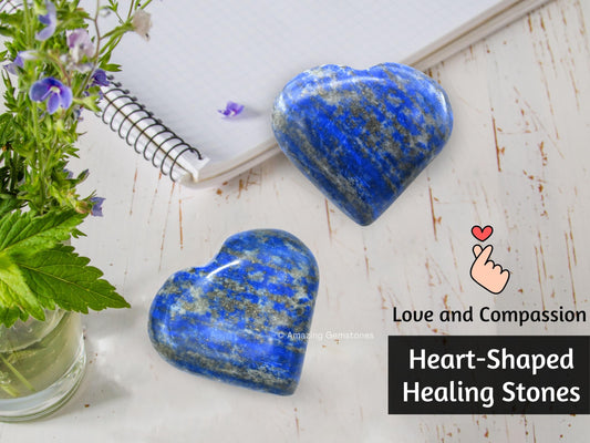 Amazing Gemstone Lapis Lazuli Crystal Heart Palm Stone - Pocket Massage Worry Stone for Natural Body Chakra Balancing, Reiki Healing and Crystal Grid