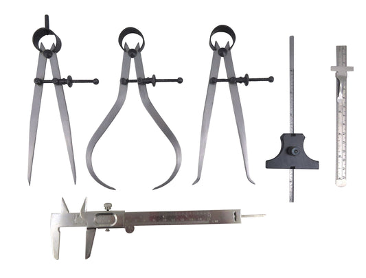 Taytools 6 Piece Measuring Set/Kit with 6" Spring Dividers, Inside & Outside Calipers, Depth Gauge, Pocket Ruler, Vernier Caliper 113500