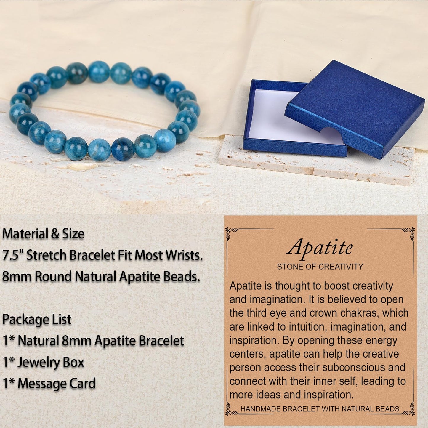 LPBeads Handmade Natural Gemstone Stretch Elastic 8mm Blue Apatite Bracelet Healing Crystal Round Stone Beads Jewelry Gifts for Women Men