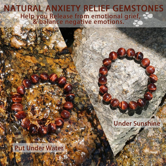 14MM Red Tigers Eye Bracelet for Men | Natural Healing Root Chakra Gemstones | Fits for 8.5" XLarge Strong Wrist | Bring Luck & Fortune | Anxiety Relief Spritual Gift for Friends Familys with Big Arm