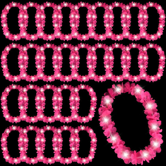 Sherr 24 Pcs LED Hot Pink Leis Light up Wedding Hawaiian Leis Flower Necklace with LED Lights Beach Tropical Carnival Party Wedding Supplies Luau for Masquerade