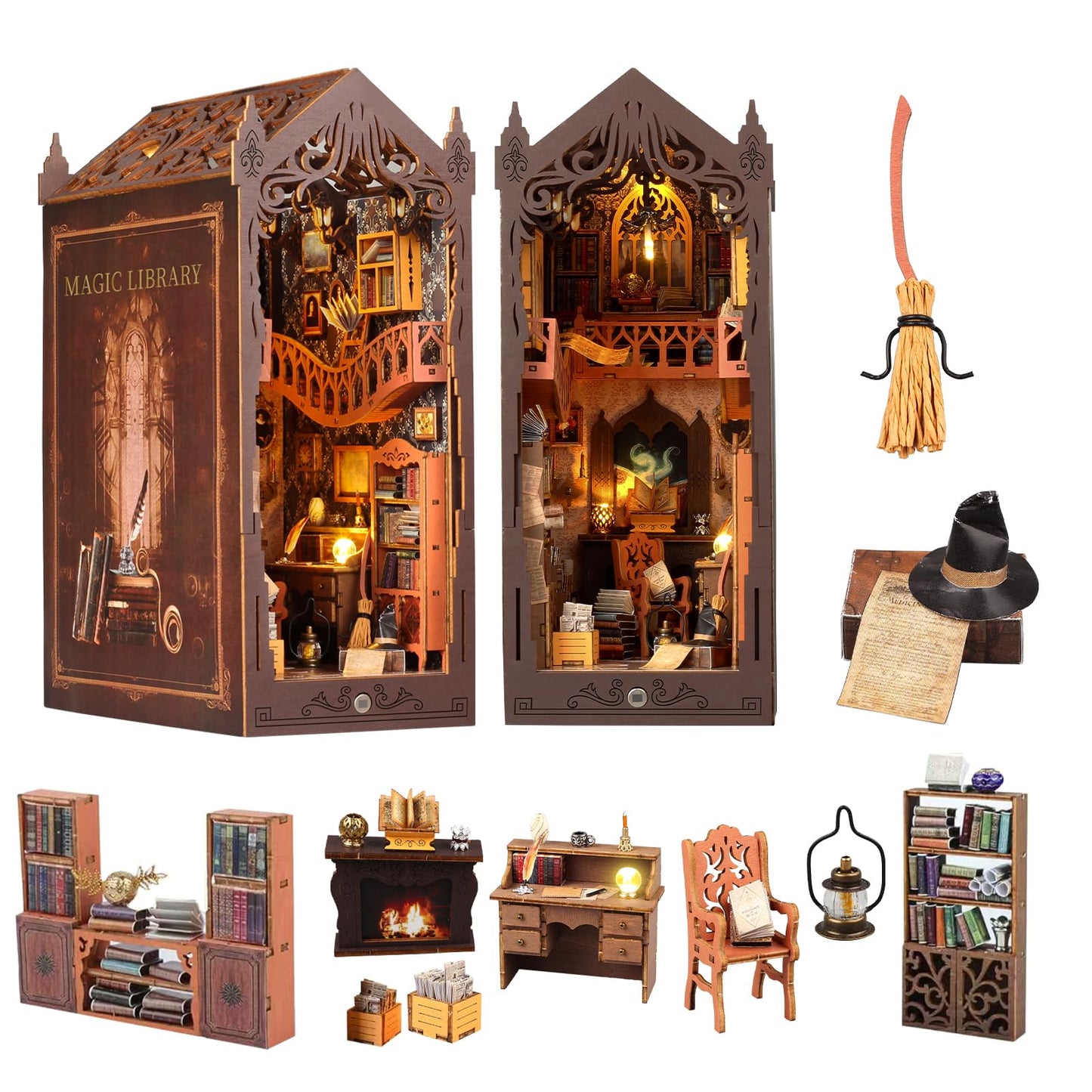 Book Nook Kit,DIY Miniature House Kit,Dollhouse Booknook with Dust Cover & LED Light,3D Wooden Bookends Puzzle,Bookshelf Decorfor for Adults, Teens, Beginners,Gifts for Family, Friends