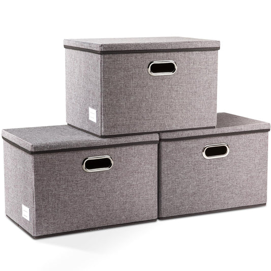 PRANDOM Large Collapsible Storage Bins with Lids [3-Pack] Linen/Cotton Blend Foldable Storage Boxes Organizer Containers Baskets Cube with Cover for Home Bedroom Closet Office Nursery(17.7x11.8x11.8)