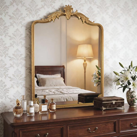 Arched Gold Carved Wall Mirror - 40''x28'' Vintage Gold Large Baroque Wall-Mounted Mirror - Iron Frame with Beaded Trim - Antique French Ornate Mirror for Entryway/Hallway/Fireplace/Bathroom