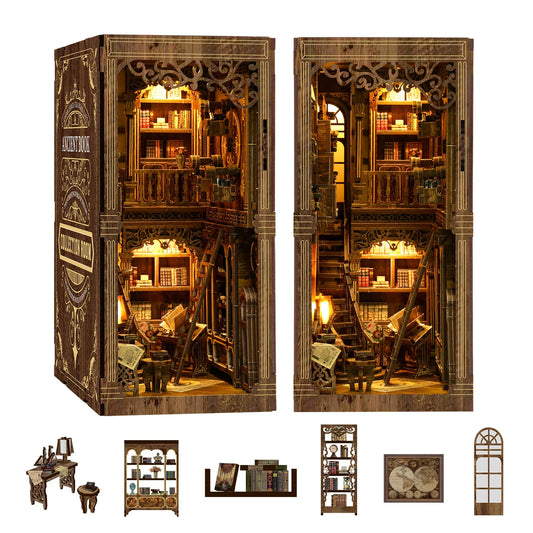 NFEHGXAE Book Nook Kit for Adults, DIY Wooden Bookshelf Insert with LED Light, Miniature House Puzzle, Vintage Shelf Decor, Gift for Book Lovers