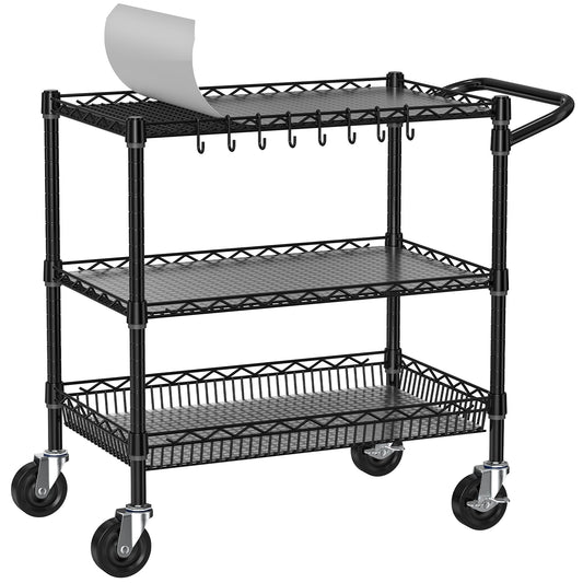 Folews Heavy Duty Rolling Cart with Wheels, 3 Tier Commercial Grade Utility Cart, Metal Storage Organizer Trolley with Handle Bar & Shelf Liner for Pantry, Laundry Room & Household Supplies, Black