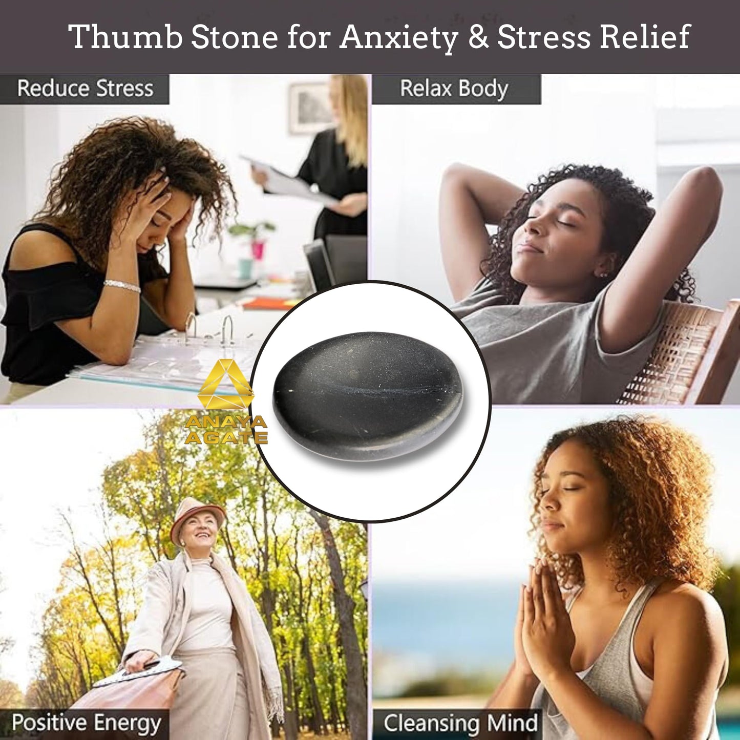 Anaya Agate Shungite Worry Stones Certified Crystal Thumb Worry Stone for Anguish, Relaxing and Soothing Balance Stones for Meditation, Stress Relief Crystals and Healing Stones for Men Women