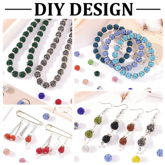 120 pcs 10mm Rhinestone Beads for Jewelry Making, 12 Mixed Colors Shiny Round Shamballa Disco Ball Beads, Sparkle Crystal Clay Christmas for Bracelet Baseball Necklace Earring and DIY