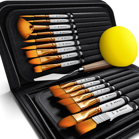 Artist Paint Brush Set of 18 - Includes Spatula Palette Knife, Sponge & Organizing Case - Premium Paint Brushes for Acrylic Painting, Watercolor, Oil - Perfect for Kids, Adults or Professionals