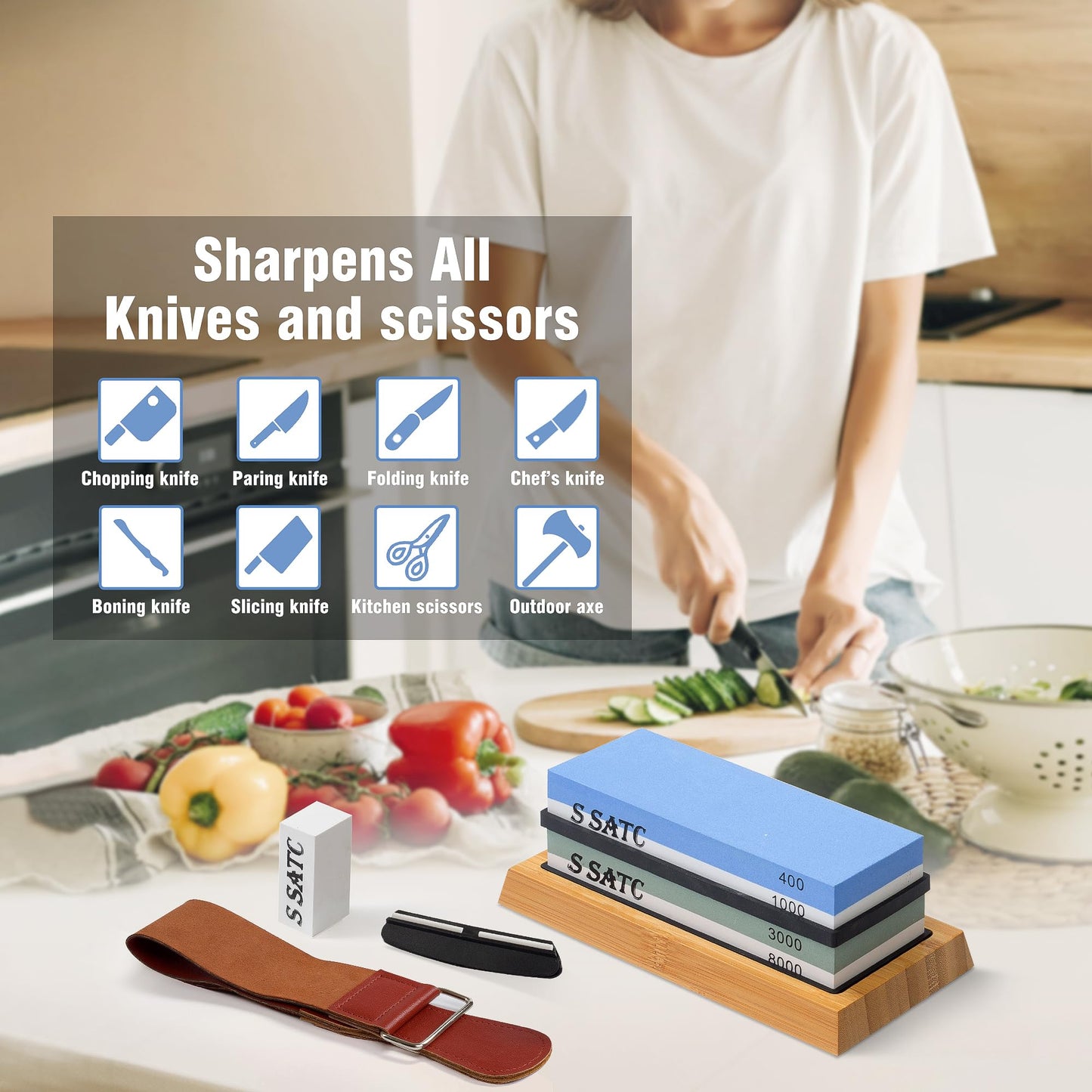 S SATC Knife Sharpening Stone Whetstone 4 Side Grit 400/1000 3000/8000 Stone Knife Sharpeners with Nonslip Rubber Bases, Wood Base, Flattening Stone, and Leather Strop