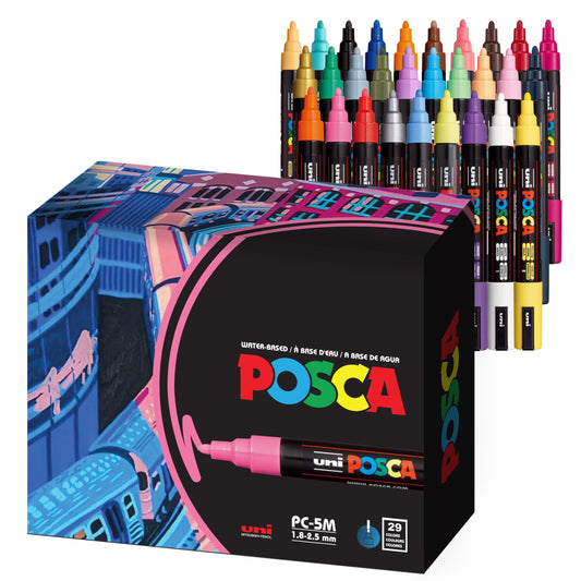 Uni Posca Paint Markers, 5M Medium Acrylic Markers with Reversible Tips, Artist Recommended For Gifts, Decorations, Fabric, Metal, Glass, Wood and Canvas, Assorted Colors, Set of 29