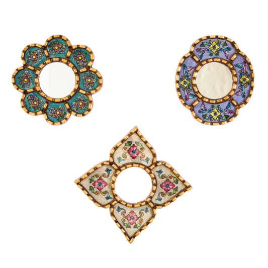 DECORCONTRERAS Artisan Handcrafted Wall Mirror Set, 3 Floral Shape Mirrors, Bronze Finish Frame, Turquoise Purple Beige Glass