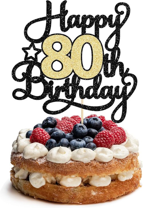 Happy 80th Birthday Cake Topper by [Brand Name] - Black Gold Glitter Cheers to 80 Years Decoration