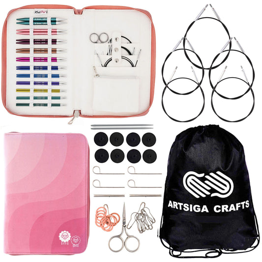 KnitPro Dreamz Regal Set 5 inch Circular Knitting Needles Size 2.5, 3, 4, 5, 6, 7, 8, 9, 10, 10.5, 11 Interchangeable, 5 Cables, 8 Caps, 4 Keys, 2 Connectors, Fabric Case with Project Bag