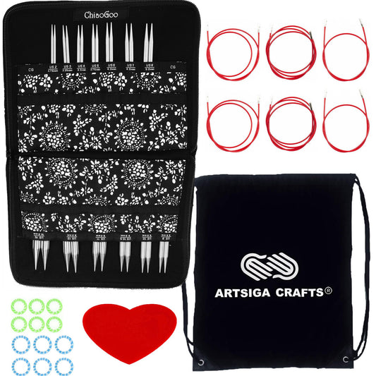 ChiaoGoo Twist Red Lace 4-Inch Complete 7400-C Interchangeable Circular Knitting Needle Set, Sizes US 2, 3, 4, 5, 6, 7, 8, 9, 10, 10.5, 11, 13, 15 with 6 Cords with Project Bag