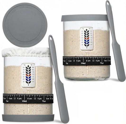 Skiennix Premium Pro Sourdough Starter Jar Kit - 40oz Wide Mouth Glass Container with Thermometer & Silicone Lid