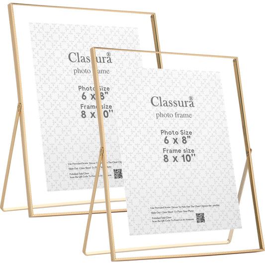 Classura Gold 8x10'' Floating Picture Frame Set of 2,For Photo Sizes (5x7'',6x8'',7x9''),Beautiful Metal Beaded Edge Frames Adjustable Tabletop/Shelf Photo Frame,Classy Gift Choice for Wedding