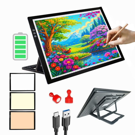 A3 Wireless Rechargeable Tracing Light Pad, 3-Colors & 8-Level Adjustable Brightness, 2500mAh Battery Powered Ultra-Thin Light Board with Foldable Stand for Diamond Art Painting
