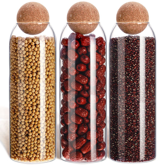 Cunhill 3 Pcs Glass Jar with Ball Cork Lid Decorative Round Bottle Sealed Canister Jar Storage Container Organizer with Airtight Wooden Lid for Food Coffee Bean Candy Biscuits Spice(1300 ML/ 44 Oz)