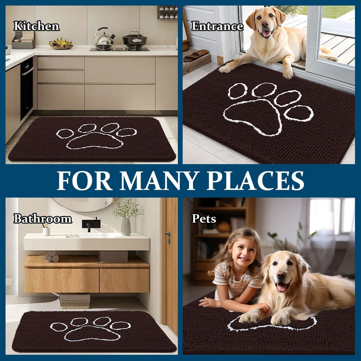 OLANLY Dog Door Mat - Absorbent Non-Slip Mud Mat for Paws | 24x16 Paw Print Design in Brown