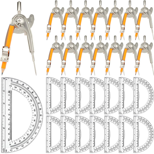 30 Pack Geometry Tool Set, Math Compass for Geometry and 6 Inch Protractor Set Include Metal Compass with Pencil and Clear Plastic Protractor for Student Classroom Office Woodworking Art Drawing