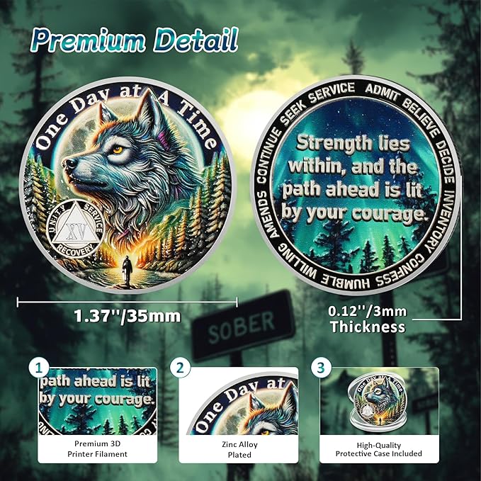 One Day at a Time 15 Year Sobriety Coin - Recovery Aurora Forest Wolf AA Coins - Addiction NA AA Chips and Medallions - Celebrate 1-30 Living Clean Narcotics Alcoholics Anonymous Gifts for Men Women