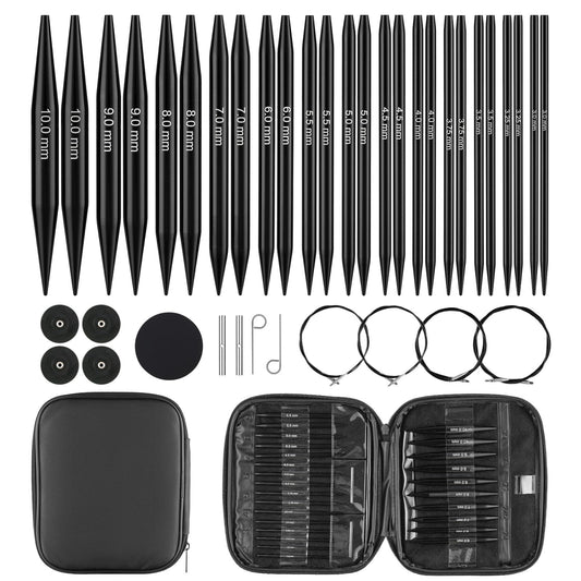 13-Pair Interchangeable Circular Knitting Needles Set, 4" Aluminum US 2.5-15 (3-10mm) with 4 Cables & Accessories | Ideal Gift for Knitters & DIY Projects