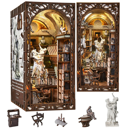 CCCDF DIY Book Nook Library Kit, Miniature Dollhouse Booknook Kit, 3D Wooden Puzzle Bookend Bookshelf with LED Light for Teens and Adults (Bernini's Sculpture Workshop)