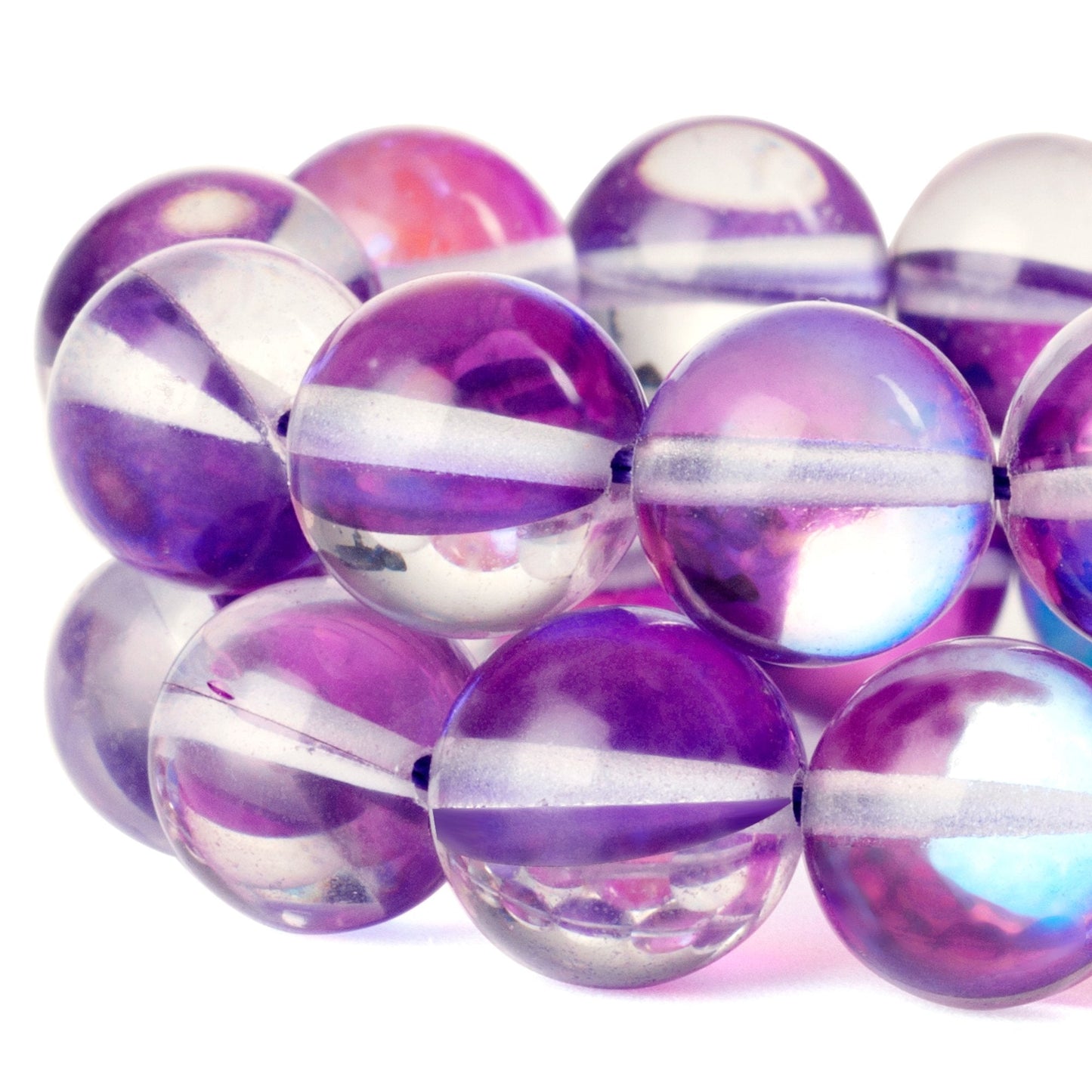RUBYCA Round Moonstone Crystal Glass Beads Aura Iridescent for Jewelry Making (1 Strand, 8mm, Purple)