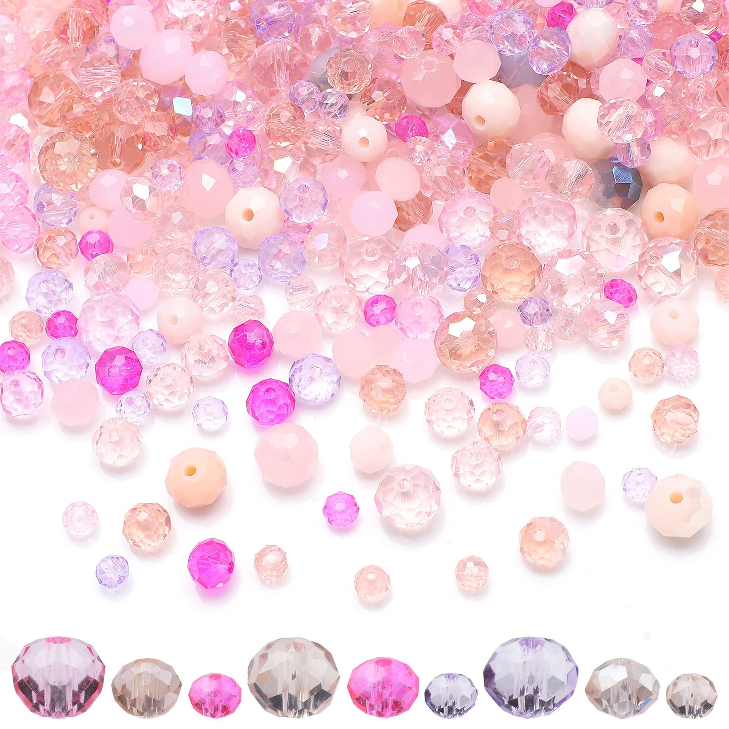 KINGSHINE 1000pcs 4/6/8mm Rondelle Glass Beads for Jewelry Making,Electroplate Round Shaped Crystal Spacer Beads Assorments for Bracelet Necklaces DIY Pink