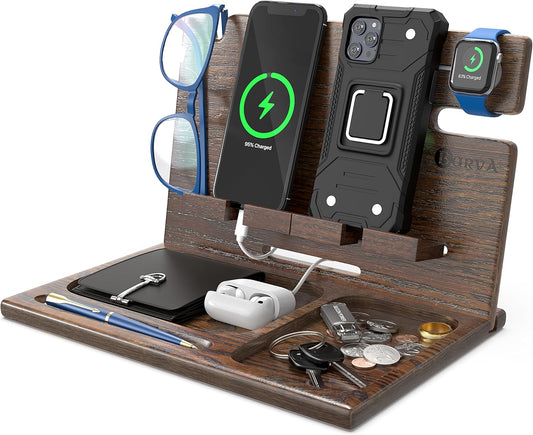 BarvA Two Phone Docking Station | Night Stand Desk Organizer | Wood Nightstand Organizer | Tablet Smart Watch Earbuds