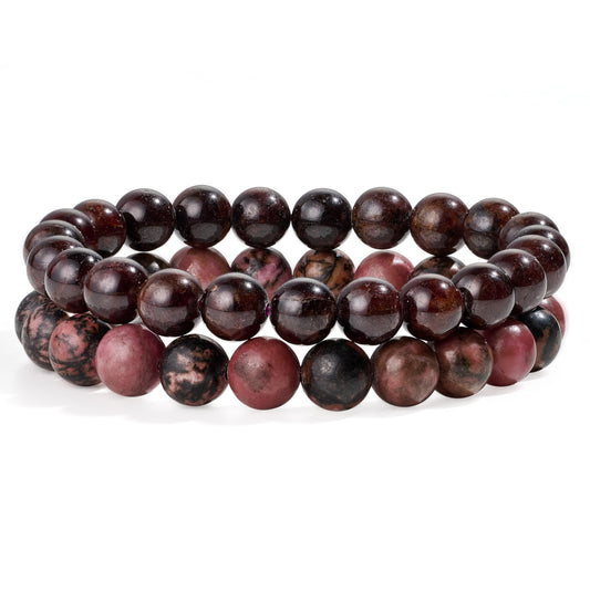 Bivei Natural Gemstone Semi Precious Crystals Handmade Stretchy Round Beads Bracelet, Enhance Positive Energy,Stocking Stuffers for Women(Garnet & Rhodonite(Passion & Love) Medium)