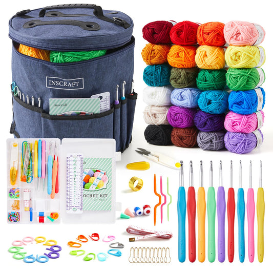 INSCRAFT Crochet Kit for Beginners Adults- Great Knitting Starter Kit for Colorful Craft for Professionals, Make Amigurumi Projects Includes 24 Colors Yarn, Hooks, Instructions, a Durable Bag