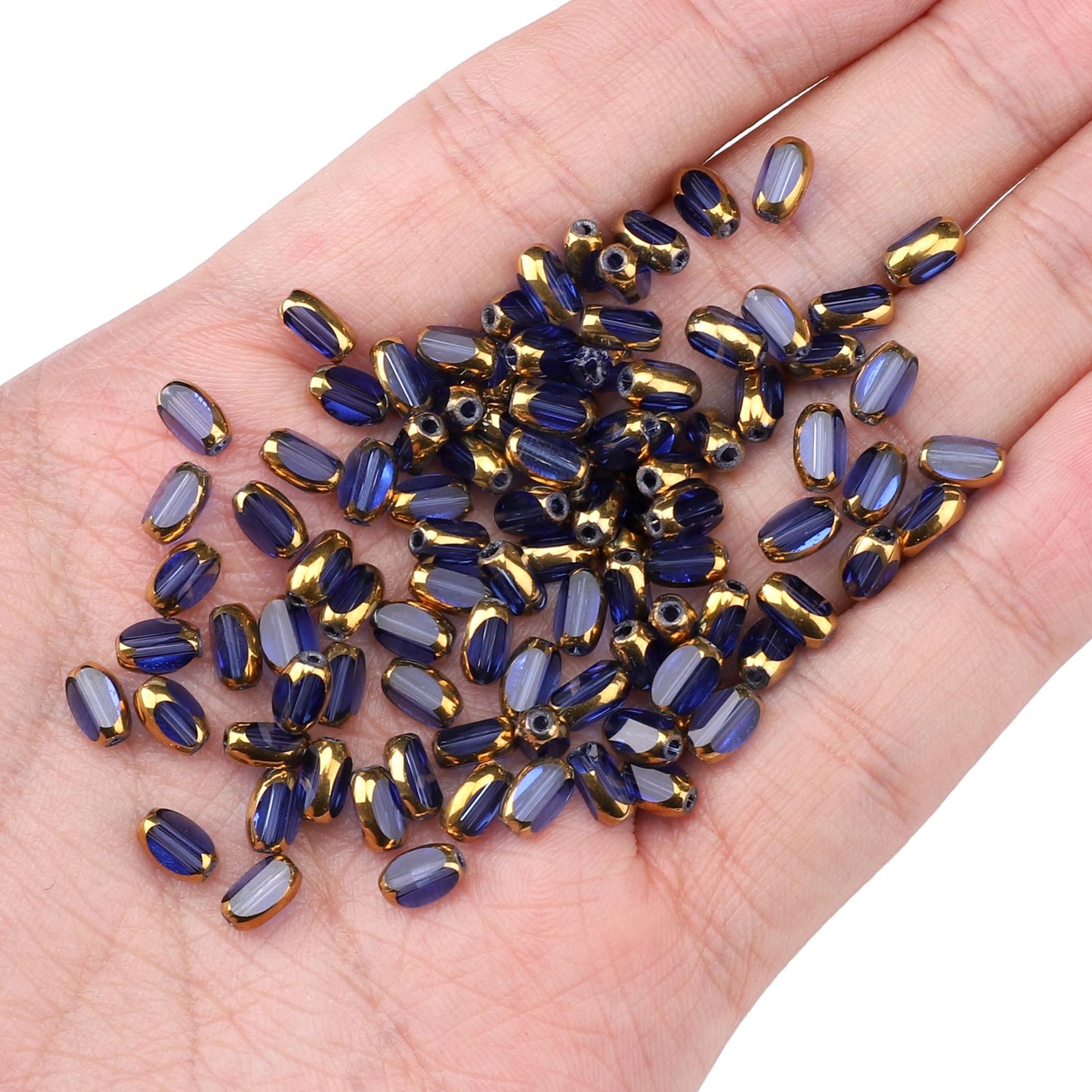 DADIFEN Glass Rice Beads Clear Royal Blue 4x6mm 50pcs Faceted Oval Golden Edge Crystal Loose Beads for DIY Craft Jewelry Making