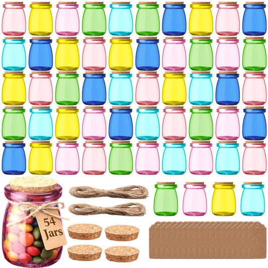 Qinyoung 54 Pack Bulk 3.4 oz Mini Colored Glass Mason Jars with Cork Lids & Labels & Twines — Decorative Storage Containers Multi-purpose for Wedding Holiday Party Favor Gifts DIY Craft Home Decor