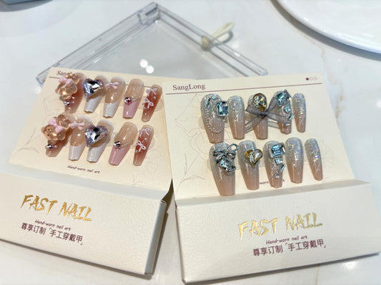2 Packs 48Pcs Handmade Press on Nails Coffin, Summer Nails French Tips Nails 3D Nails "Set#1 Cute Pink Bear" "Set#2 Yellow Gem and Bow Tie"
