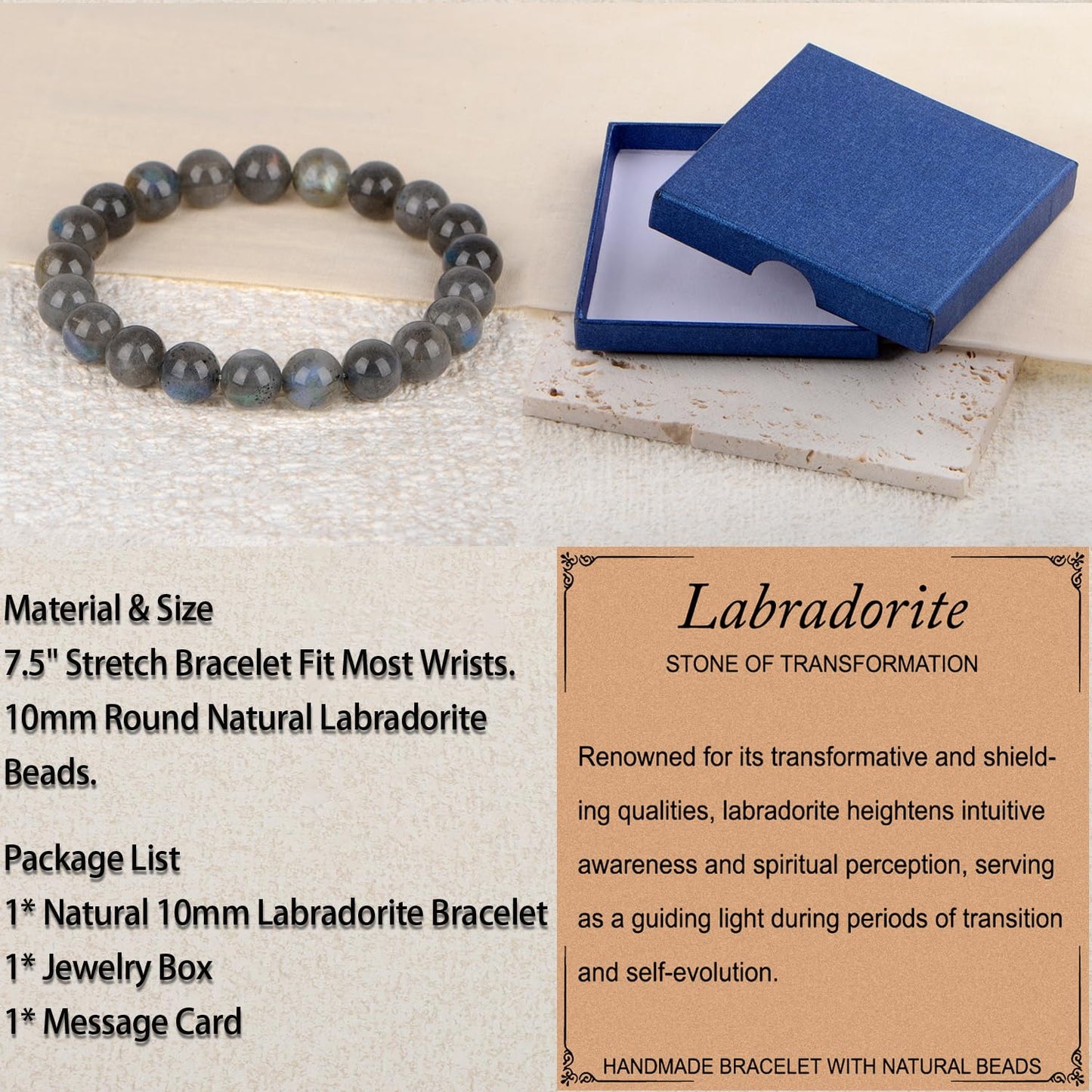 LPBeads Handmade Natural Gemstone Stretch Elastic 10mm Labradorite Bracelet Healing Crystal Round Stone Beads Jewelry Gifts for Women Men