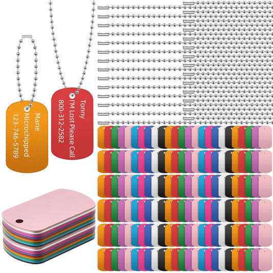 Therwen 300 Pcs Blank Dog Tags Set Includes 150 Pcs Aluminum Tags Engraving Laser Blanks and 150 Pcs Necklace Chain for Pet Decorative DIY Craft, 10 Colors (150 Set)