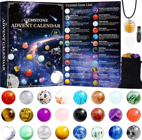 Hiawbon Gemstone Advent Calendar 2025 - 24-Day Crystal Calendar with Healing Rocks & Keychain Necklace