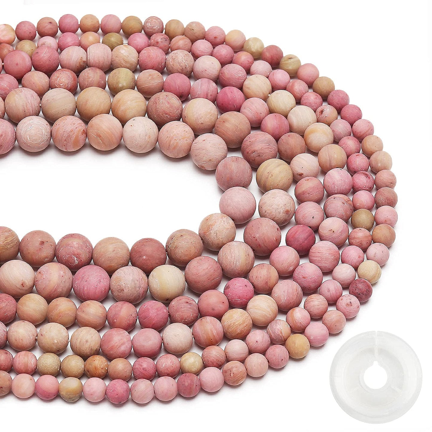 Natural Matte Rhodochrosite Beads, 10MM Round Frosted Unpolished Loose Gemstone Beads for Bracelet Necklace Jewelry Making, Energy Stone Healing Power with Stretch Beading Cord