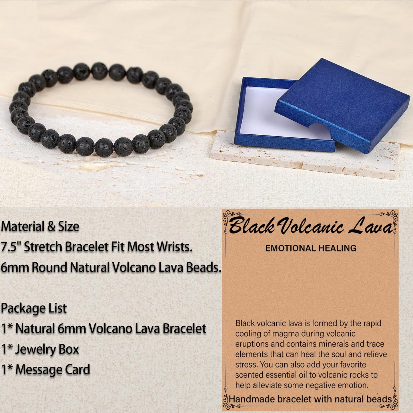 LPBeads Handmade Natural Gemstone Stretch Elastic 6mm Black Lava Bracelet Healing Crystal Round Stone Beads Jewelry Gifts for Women Men